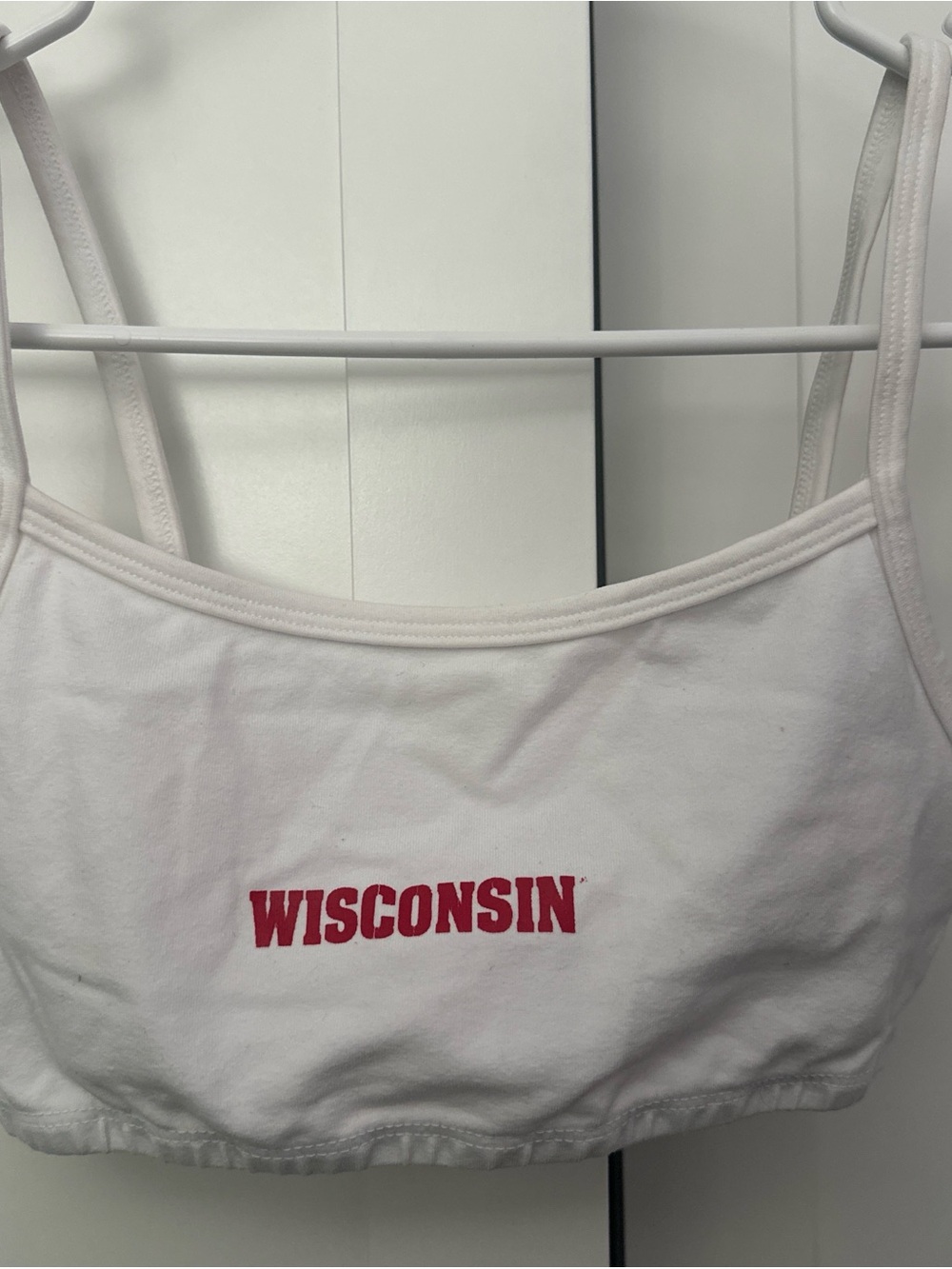 Wisconsin Badgers White Crop Top with Red "WISCONSIN" Print